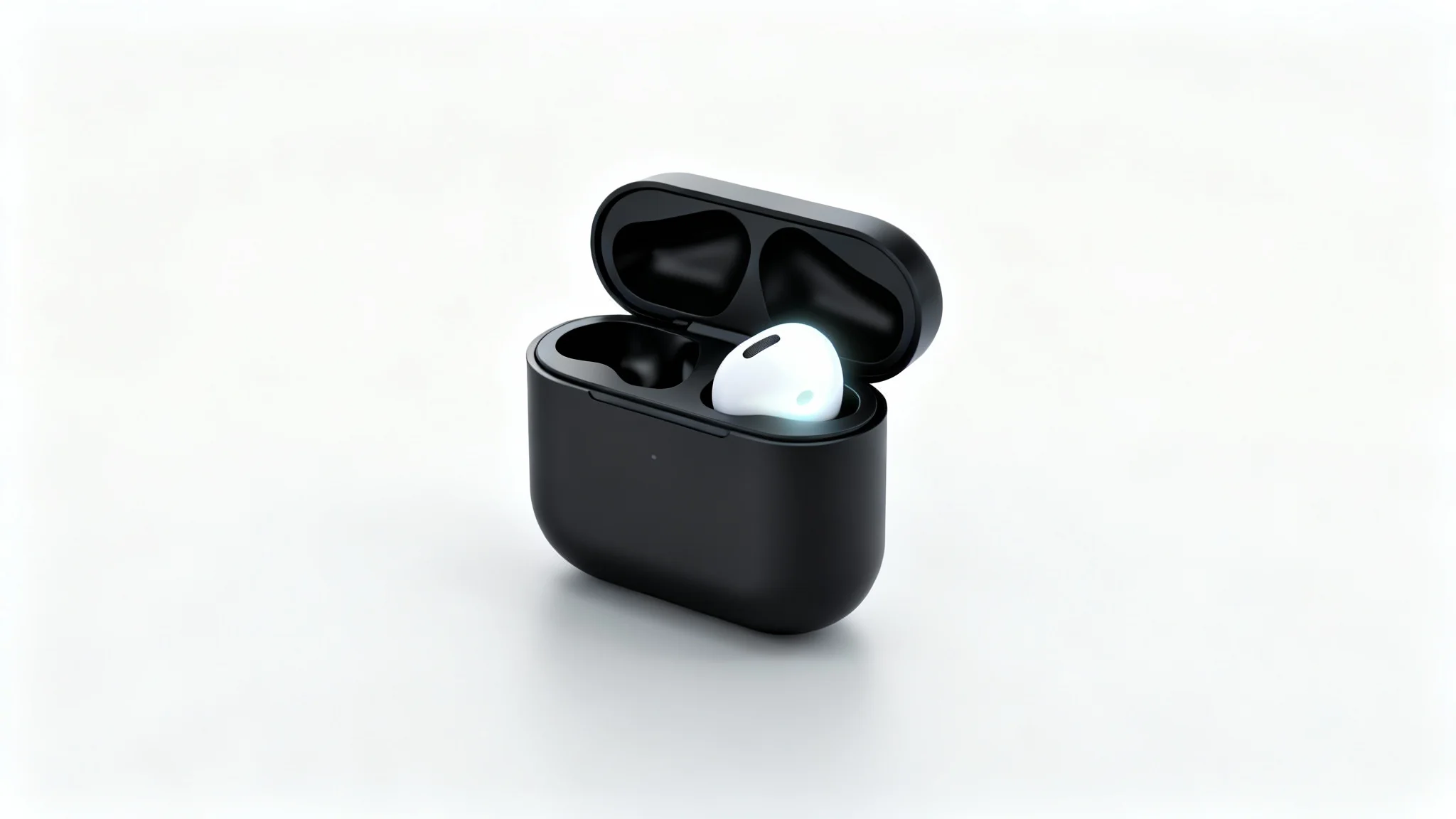 A professional product photograph of a modern wireless earphone case in a white lightbox, showcasing a clean, shadowless look.