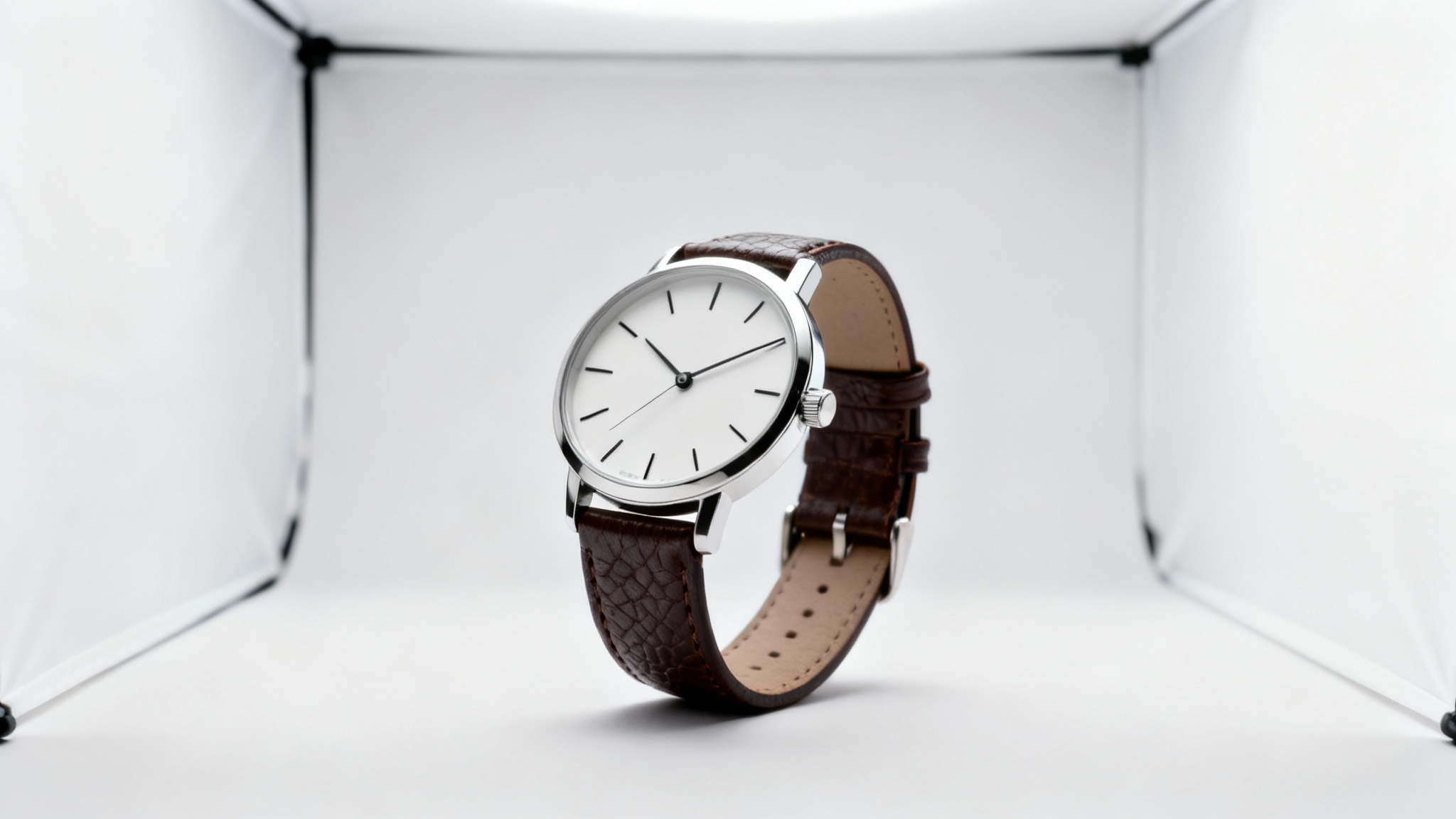 A professional product photograph of a minimalist silver watch with a brown leather strap, shot in a lightbox with perfect, even lighting against a pure white background.