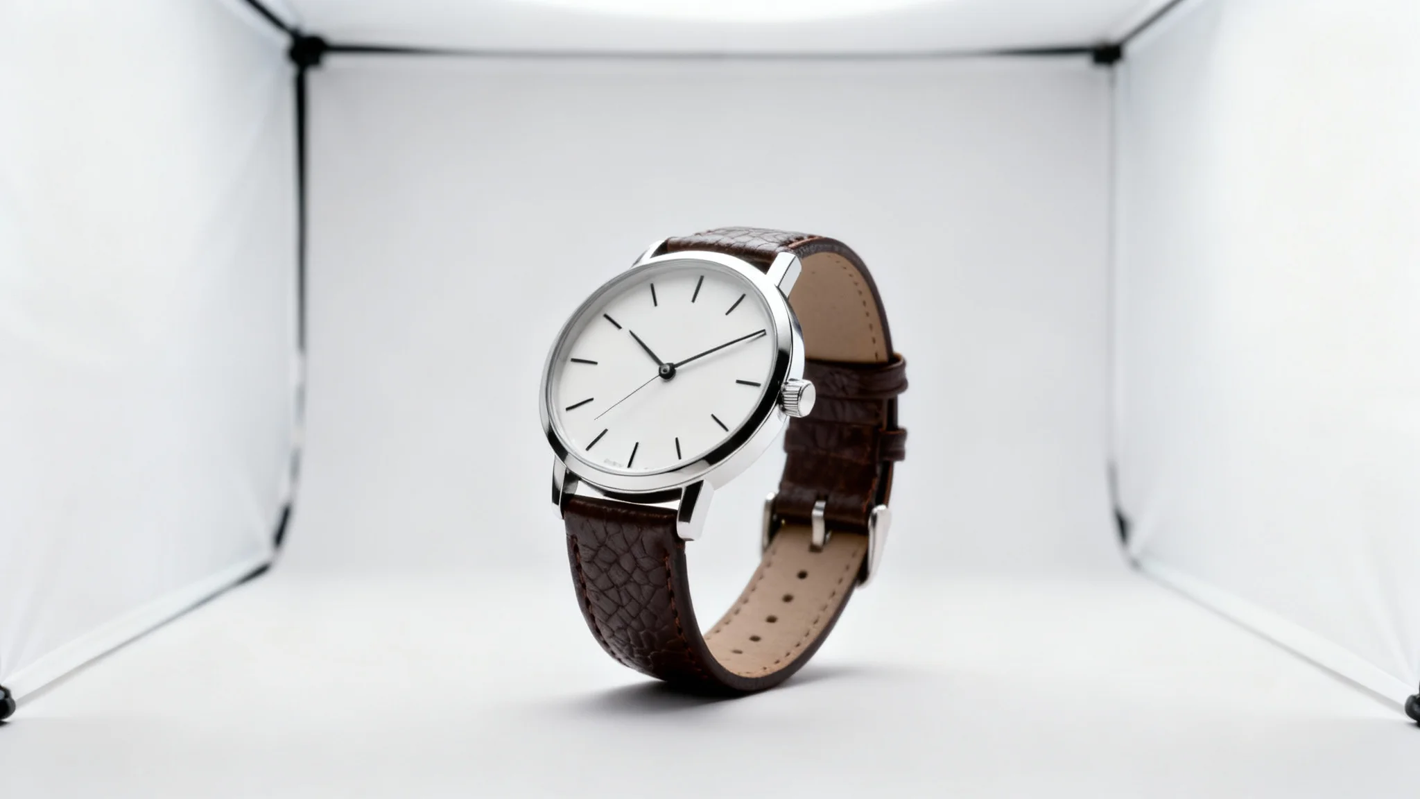 A professional product photograph of a minimalist silver watch with a brown leather strap, shot in a lightbox with perfect, even lighting against a pure white background.
