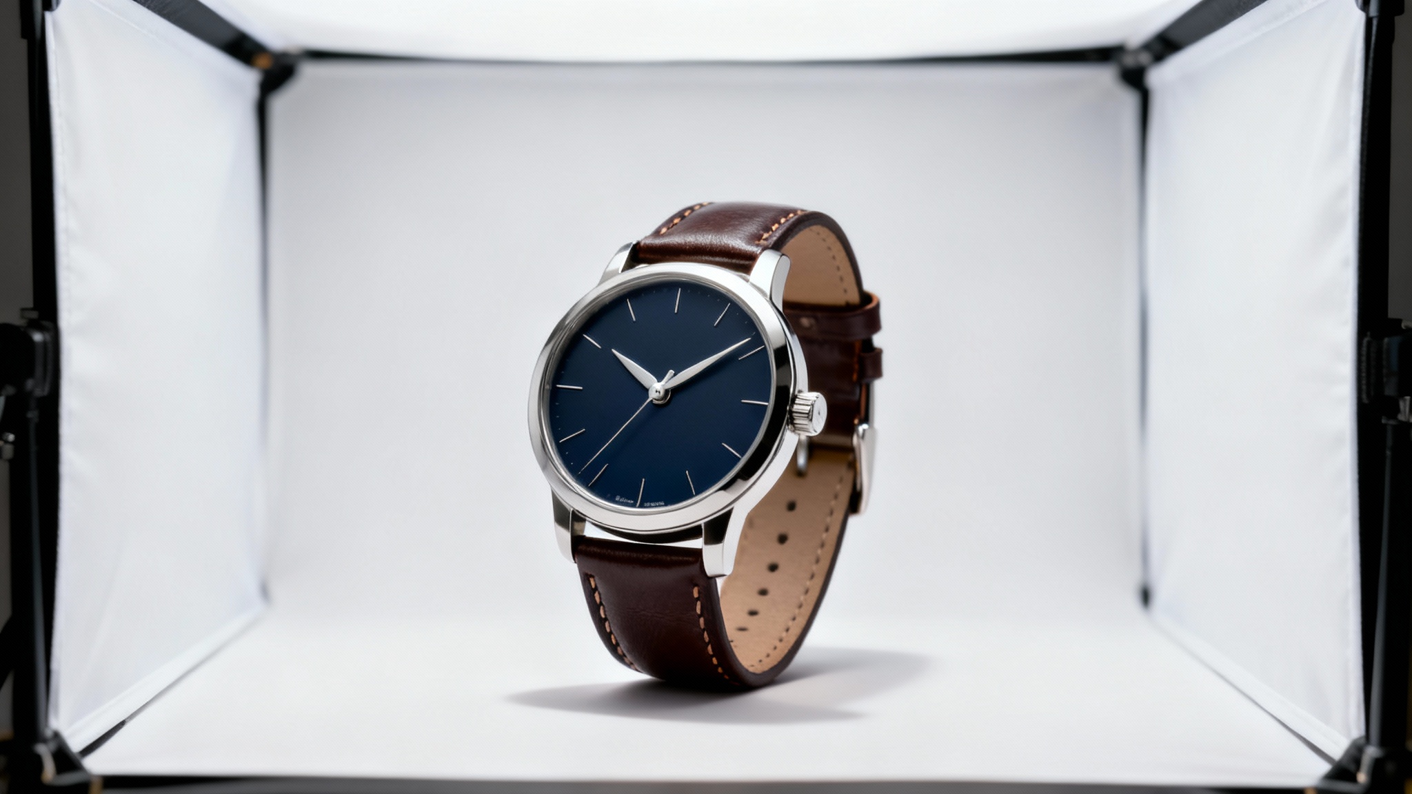 A high-end wristwatch with a navy blue face and brown leather strap, professionally photographed in a white lightbox for a clean, commercial look.