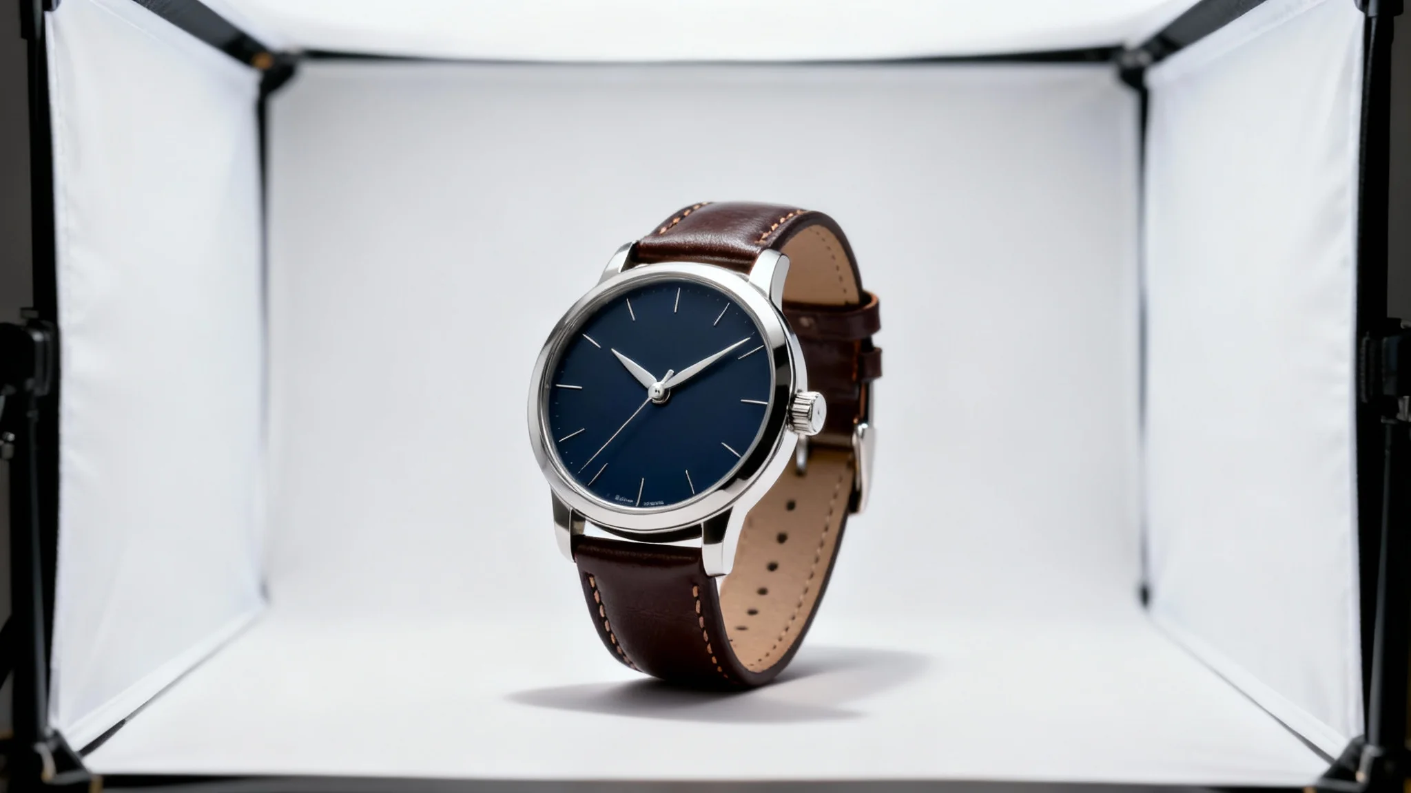 A high-end wristwatch with a navy blue face and brown leather strap, professionally photographed in a white lightbox for a clean, commercial look.