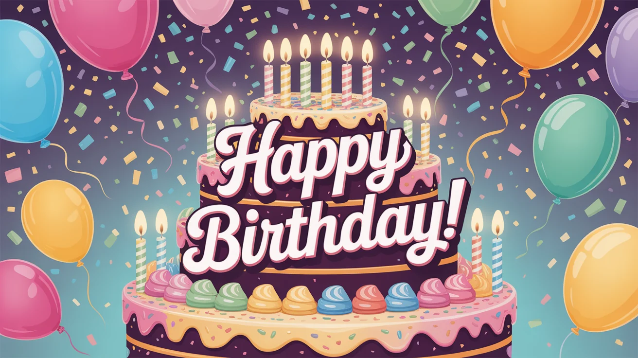 An eye-catching birthday poster design featuring a colorful multi-tiered cake with candles against a festive background of balloons and confetti. The words 'Happy Birthday!' are written in a playful, artistic font.