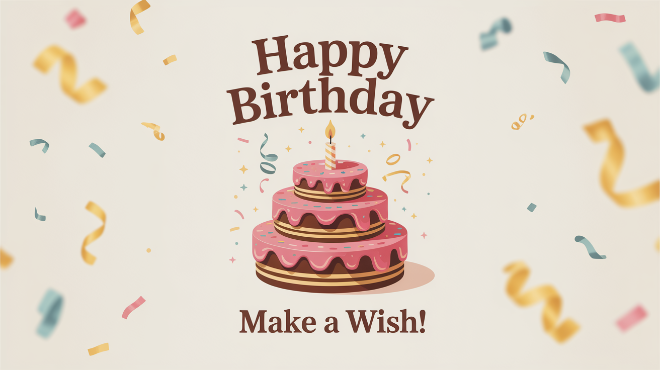 A digital mockup of a modern birthday poster on a plain white background. The poster features a stylized pink birthday cake and reads 'Happy Birthday' and 'Make A Wish!'.