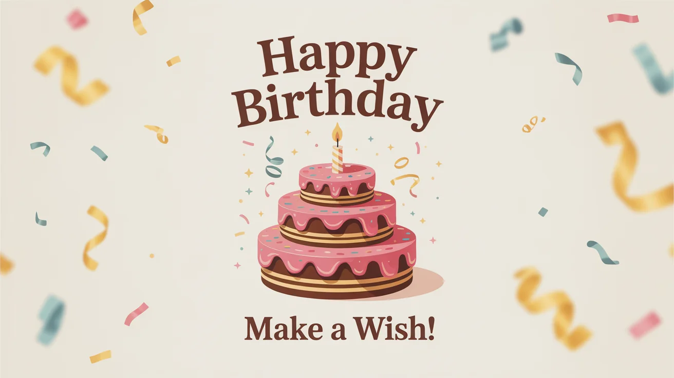 A digital mockup of a modern birthday poster on a plain white background. The poster features a stylized pink birthday cake and reads 'Happy Birthday' and 'Make A Wish!'.