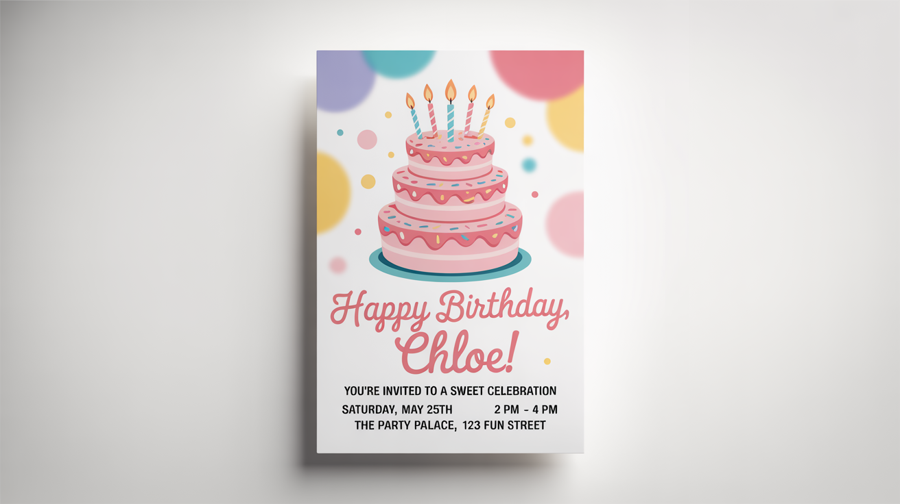 A mockup of a cheerful birthday party poster featuring a colorful illustrated cake. The poster reads 'Happy Birthday, Chloe!' and includes fictional details for a celebration.