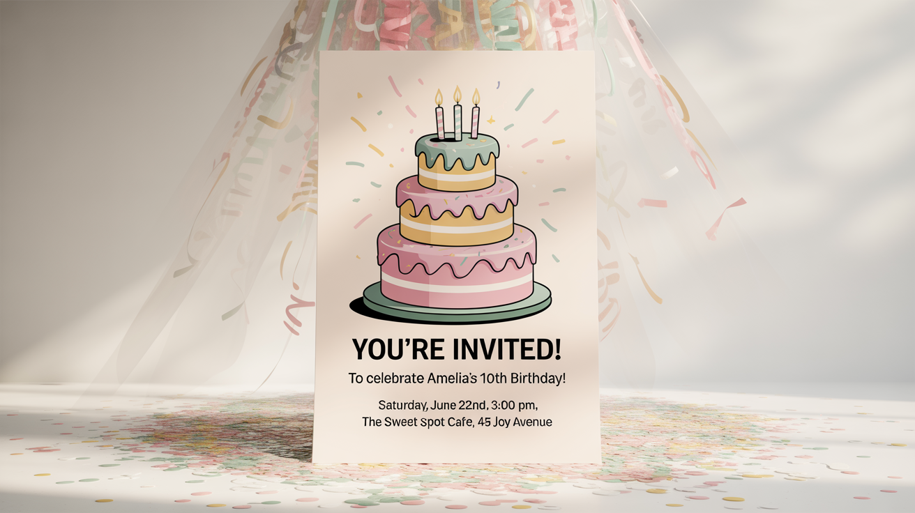 A modern birthday party poster mockup against a white background, featuring a large illustration of a birthday cake and legible text inviting guests to 'Amelia's 10th Birthday!'