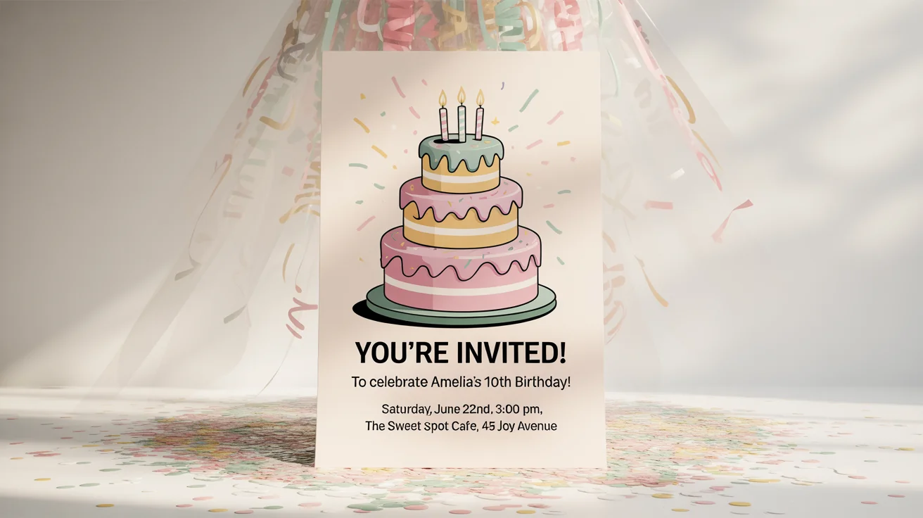 A modern birthday party poster mockup against a white background, featuring a large illustration of a birthday cake and legible text inviting guests to 'Amelia's 10th Birthday!'