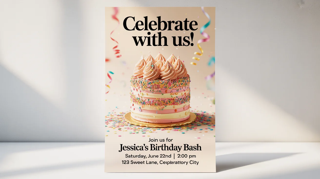 A modern birthday party poster mockup featuring a delicious-looking birthday cake and celebratory text that reads 'Celebrate With Us!' against a white background.