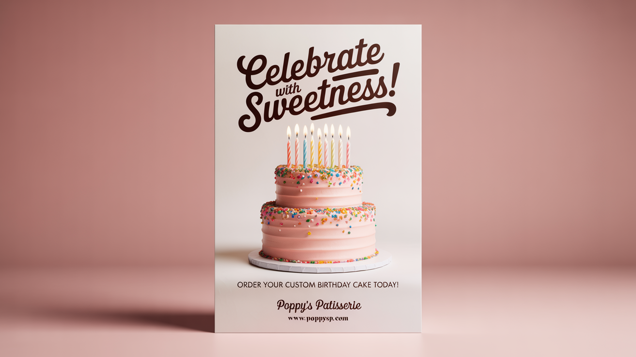 A mockup of a poster for a bakery advertising birthday cakes. The poster has a large image of a pink birthday cake with sprinkles and the text 'Celebrate with Sweetness!', 'Poppy's Patisserie'.