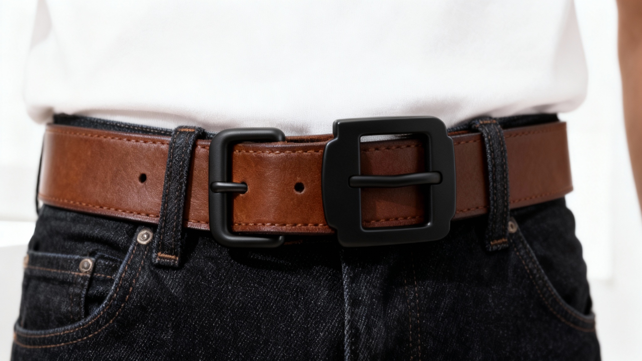 A close-up fashion photograph showing a person wearing a brown leather belt with a newly replaced, stylish matte black buckle, demonstrating the final polished result.