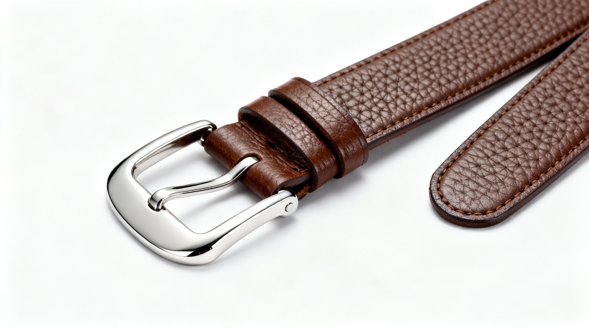 A photorealistic image showing a brown leather belt strap and a separate, shiny silver belt buckle lying next to it on a clean white background, ready for replacement.