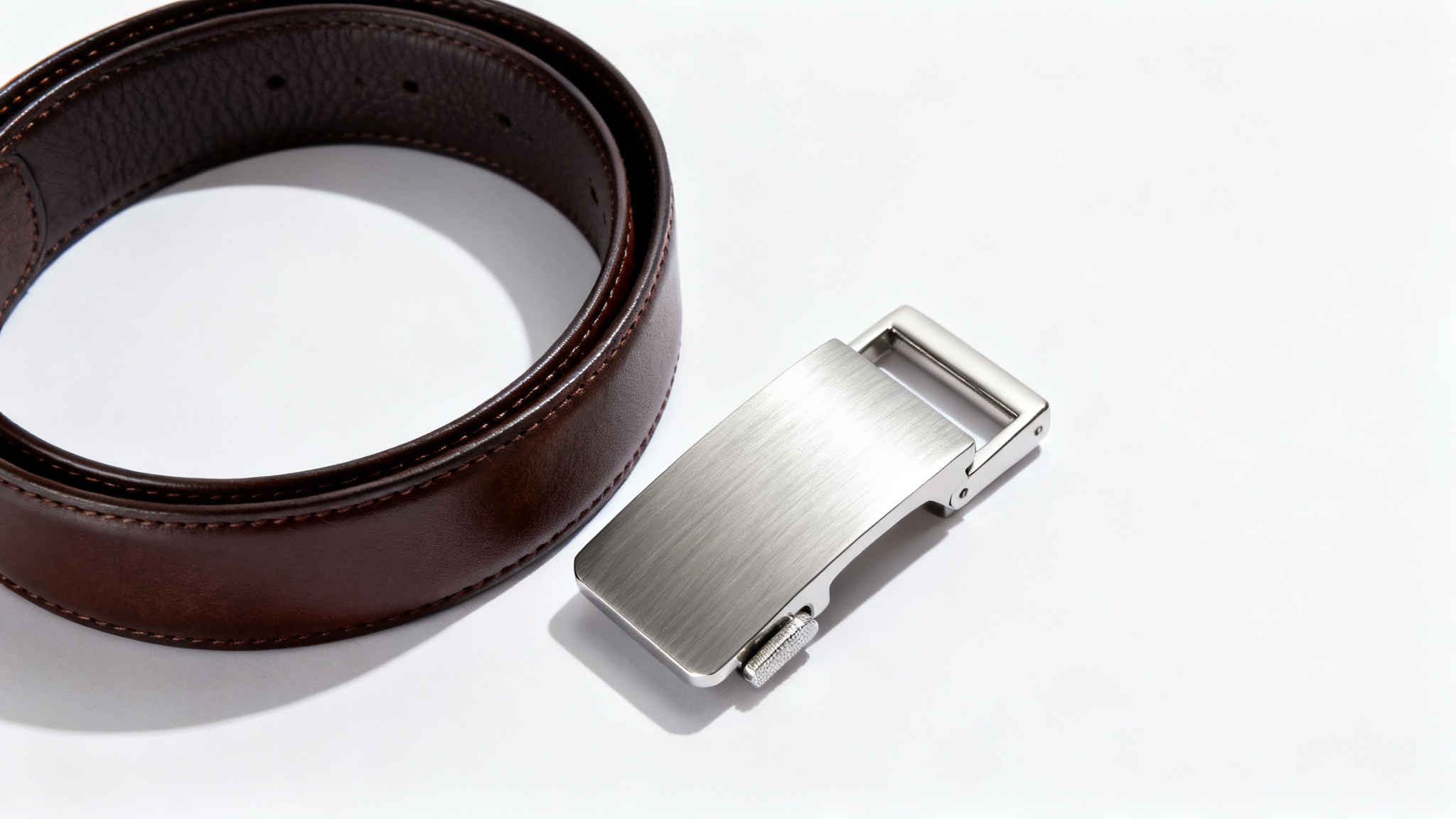 A product mockup showing a dark brown leather belt and a separate, modern silver buckle on a white background, demonstrating how to replace a belt buckle.
