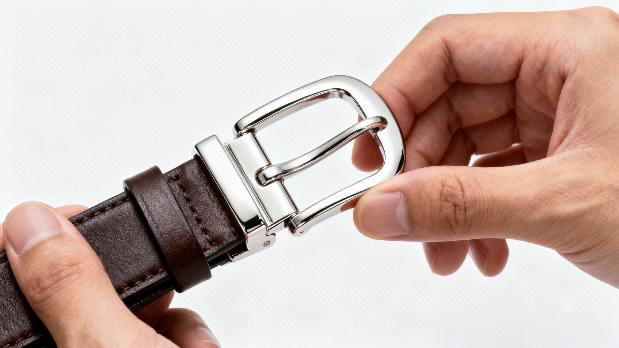 A close-up, detailed photograph of hands attaching a new, shiny silver buckle to a dark brown leather belt against a clean white background.