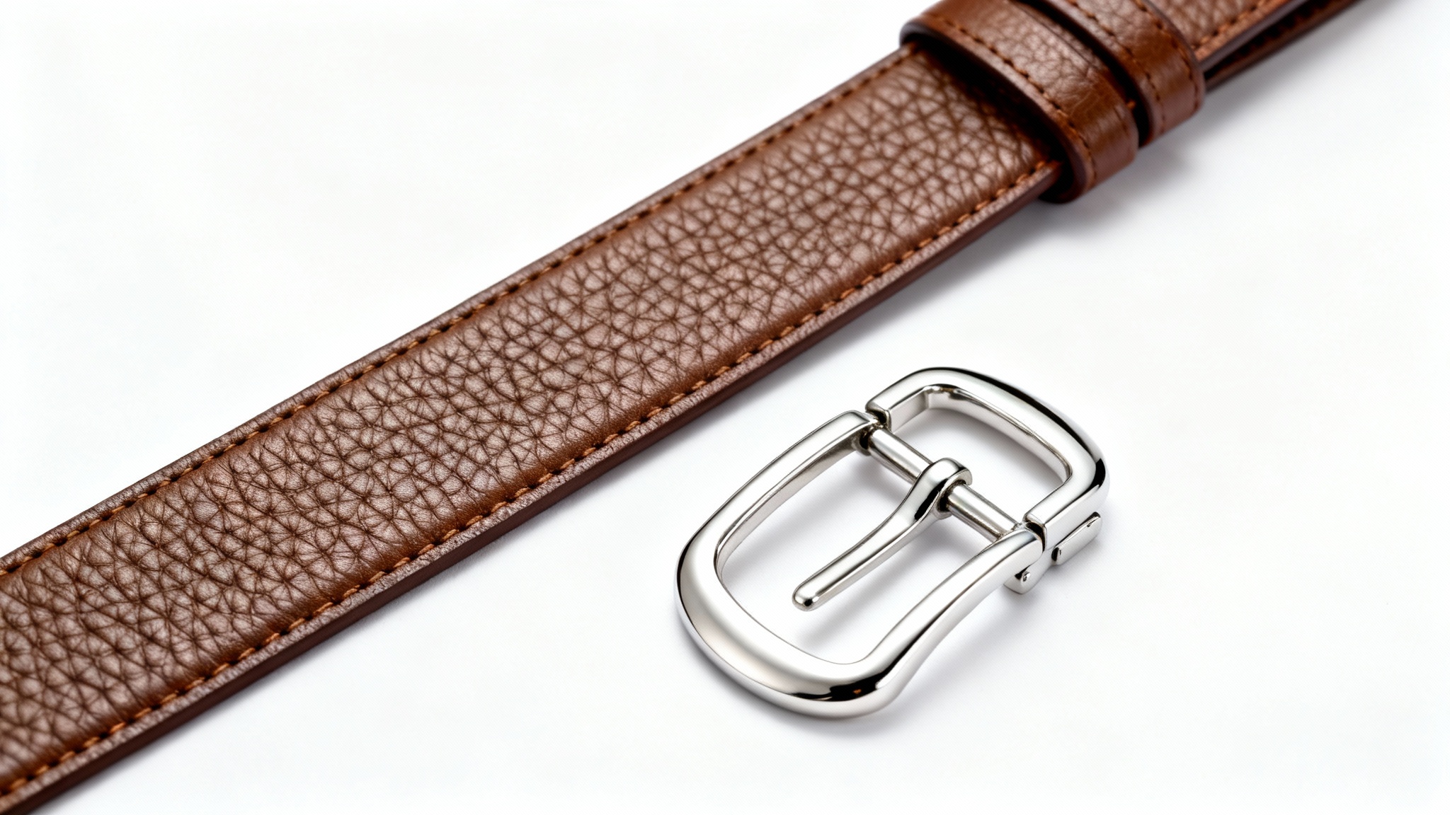 A commercial product shot showing a high-quality brown leather belt strap and a separate, modern silver buckle lying next to it on a clean white background.