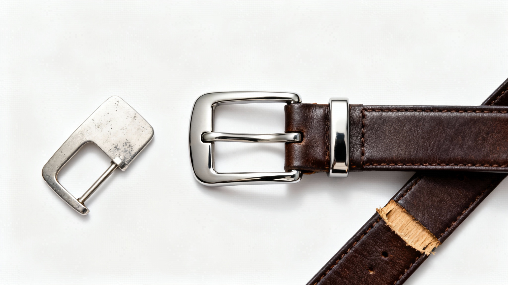 A flat lay image on a white background showing a dark brown leather belt, a new stylish gunmetal buckle ready to be attached, and the old silver buckle that has been removed.