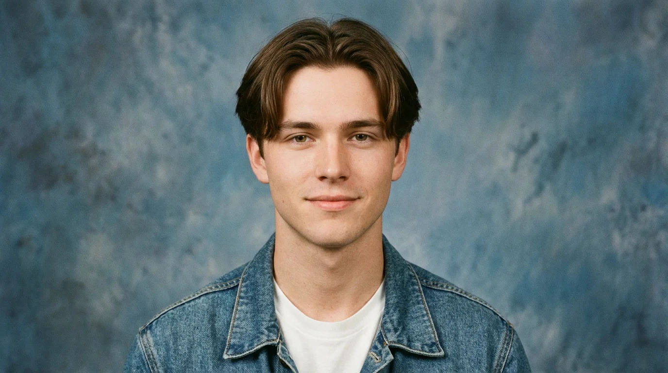 An AI-generated 1990s-style yearbook photo of a young man in a denim jacket, smiling in front of a mottled blue and gray studio background.