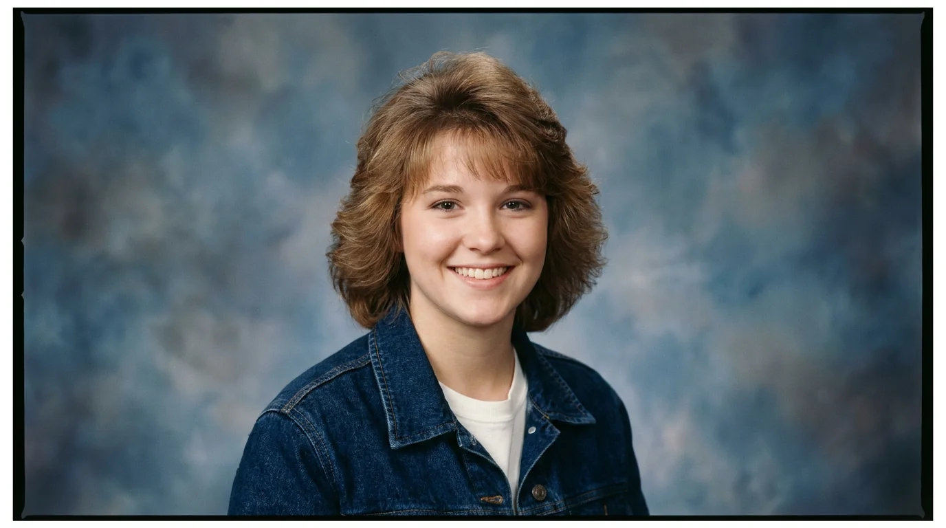 A 1990s-style yearbook photo of a smiling young woman in a denim jacket, set against a mottled blue and gray studio background.