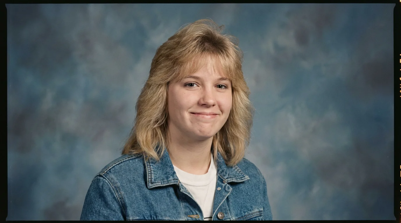 A 1990s-style yearbook portrait of a young woman with feathered blonde hair, wearing a denim jacket against a mottled blue studio background.