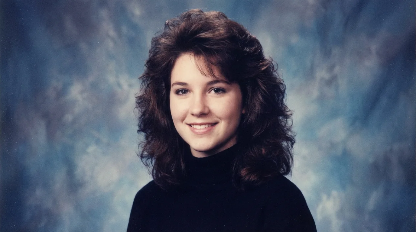 A 1990s-style yearbook photo of a smiling young woman with feathered hair, wearing a turtleneck against a blue and gray mottled background.