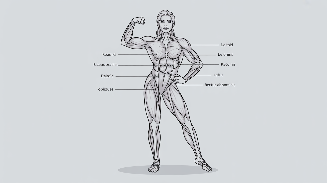 A detailed anatomical illustration showing the musculature of a female figure in a dynamic pose against a neutral background. Leader lines point from specific muscles to text labels identifying them.