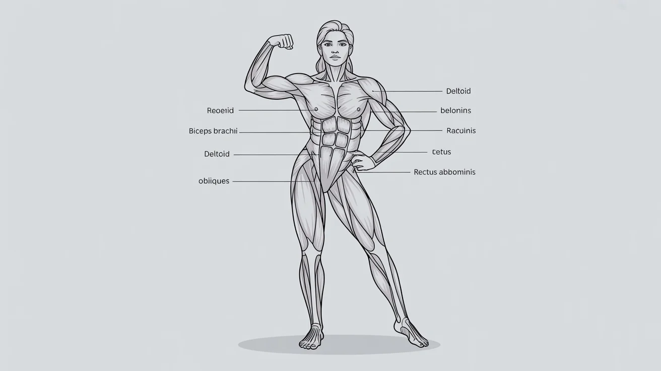 A detailed anatomical illustration showing the musculature of a female figure in a dynamic pose against a neutral background. Leader lines point from specific muscles to text labels identifying them.