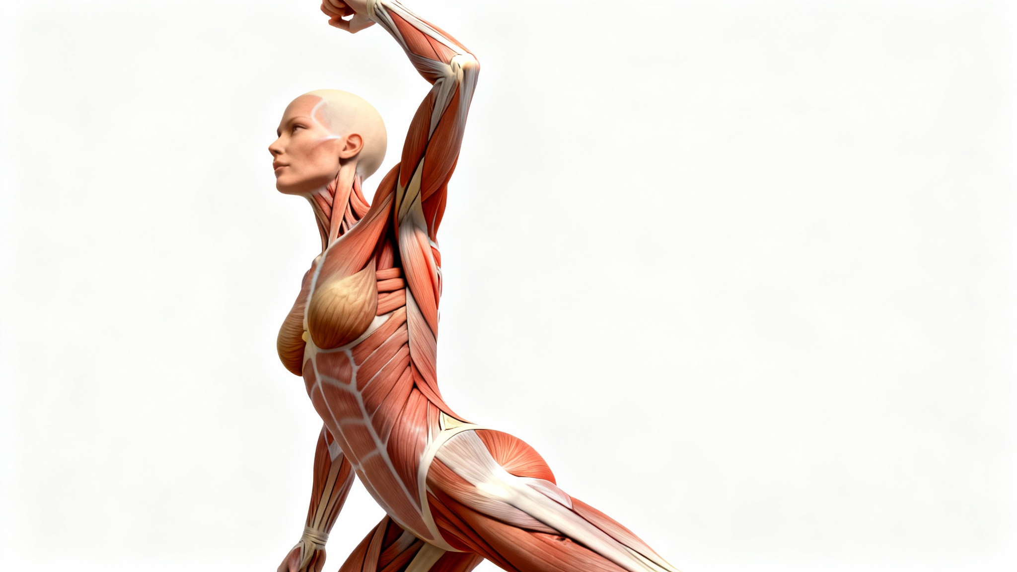 A detailed anatomical illustration of the female muscular system, showing a full-body figure in a dynamic pose against a white background.
