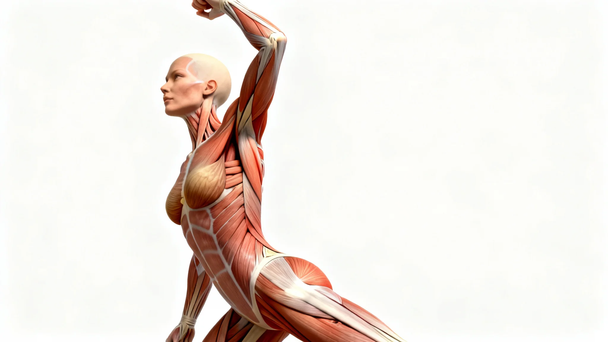 A detailed anatomical illustration of the female muscular system, showing a full-body figure in a dynamic pose against a white background.
