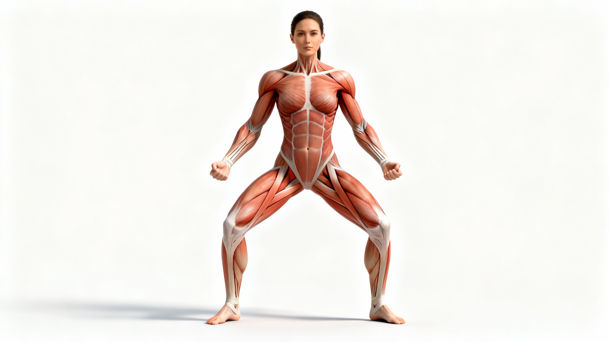 Anatomical reference image of a muscular woman, showing detailed muscle structure in a frontal pose against a white background.