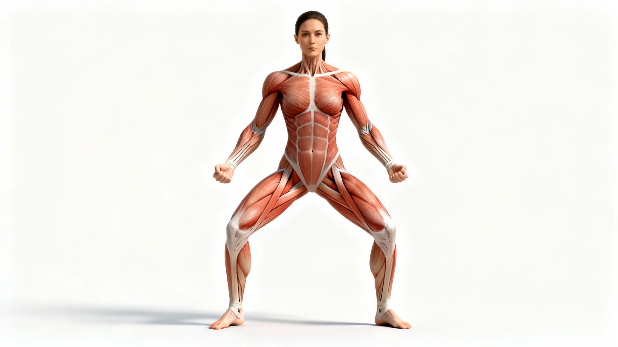 Anatomical reference image of a muscular woman, showing detailed muscle structure in a frontal pose against a white background.