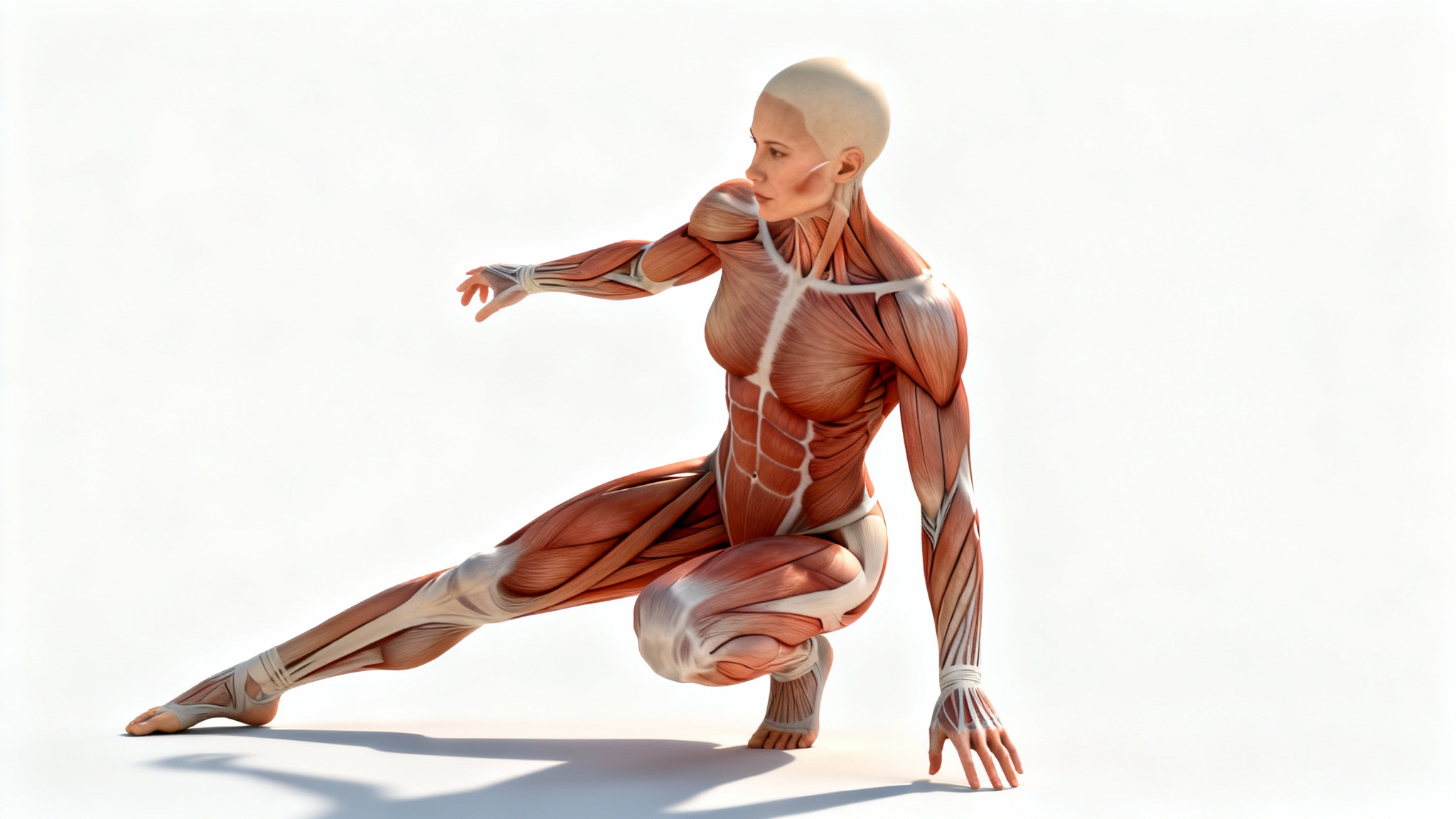A hyper-realistic anatomical reference illustration of a muscular female figure, showing detailed muscle structure from a three-quarter view against a white background.