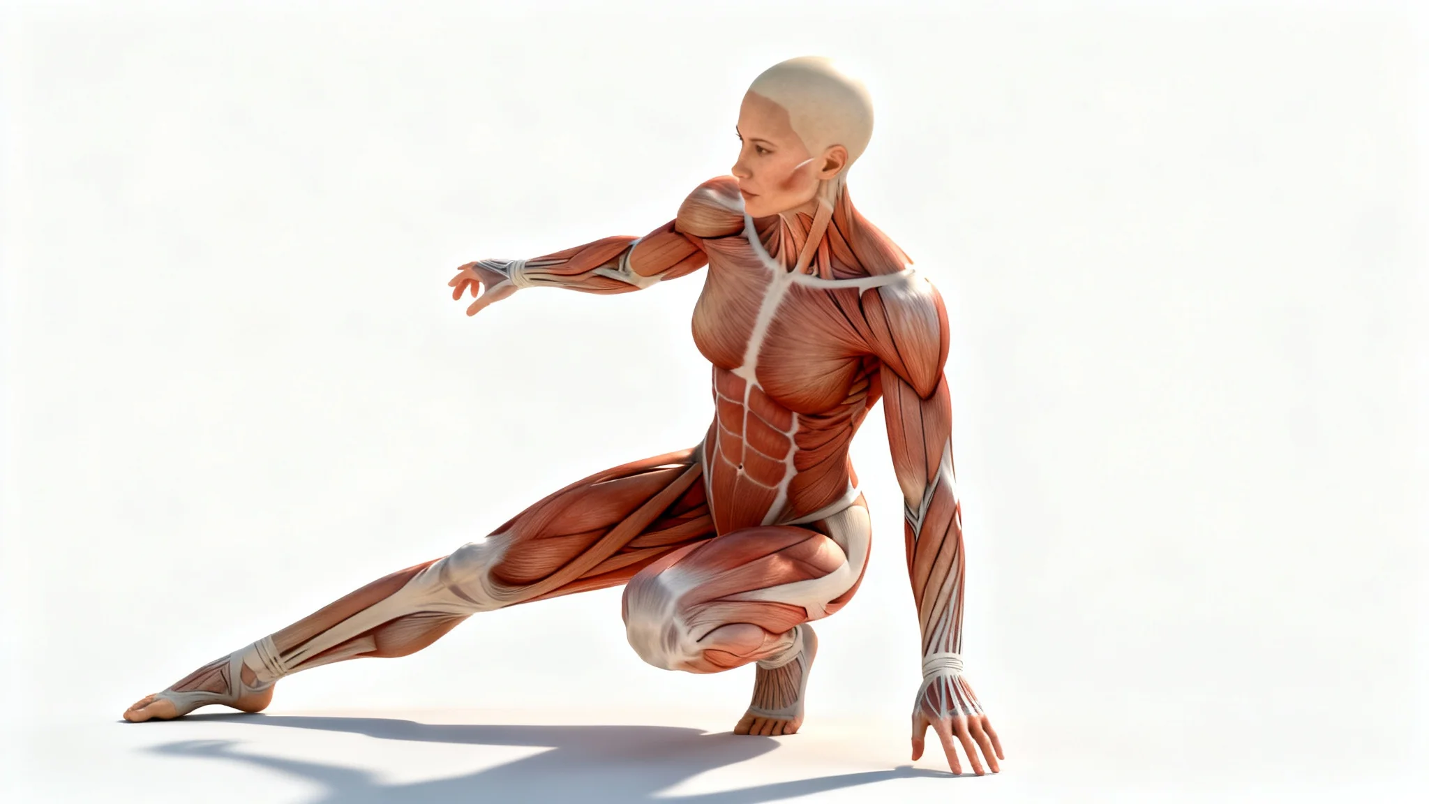 A hyper-realistic anatomical reference illustration of a muscular female figure, showing detailed muscle structure from a three-quarter view against a white background.