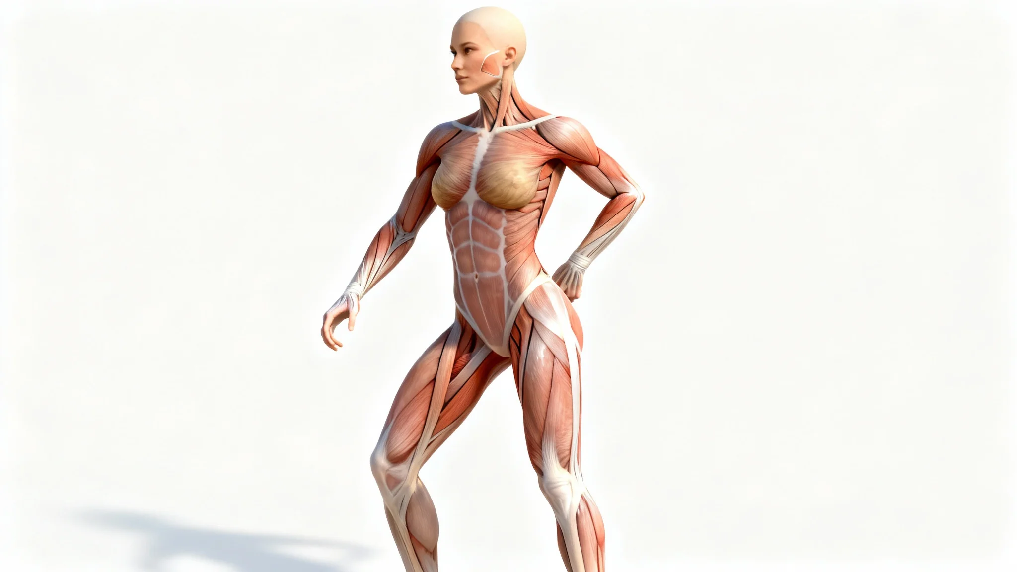 A detailed anatomical reference image showing the full-body musculature of a female figure in a dynamic pose, rendered in a realistic écorché style against a plain white background.