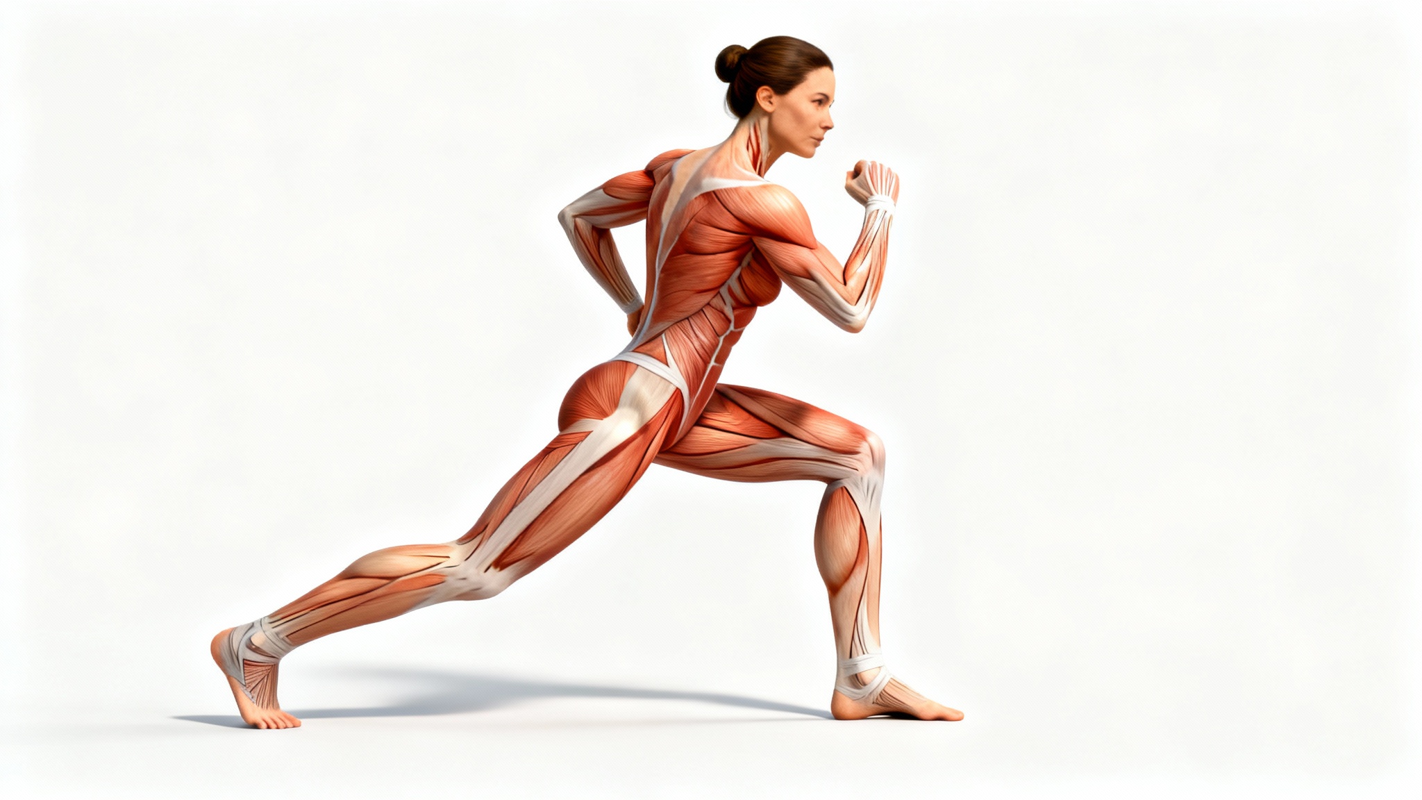 A detailed anatomical illustration of a muscular female figure in a dynamic pose, showing the defined muscles of the body against a plain white background.
