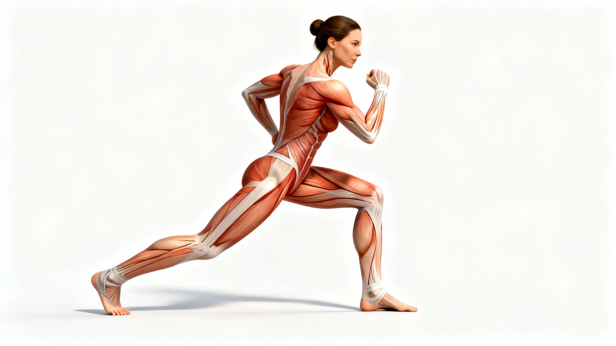 A detailed anatomical illustration of a muscular female figure in a dynamic pose, showing the defined muscles of the body against a plain white background.