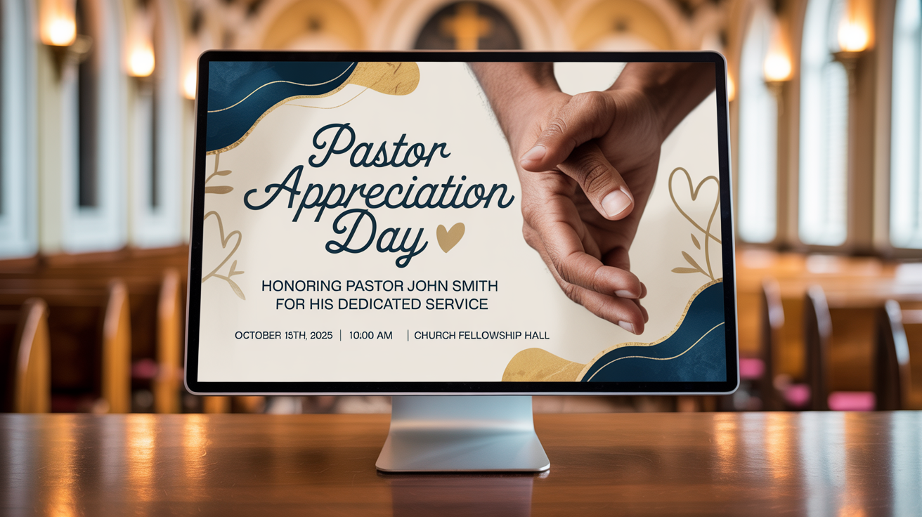 A professionally designed flyer for a 'Pastor Appreciation Day' event honoring Pastor John Smith, featuring elegant gold and blue text, hearts, and grateful hands on a warm background.