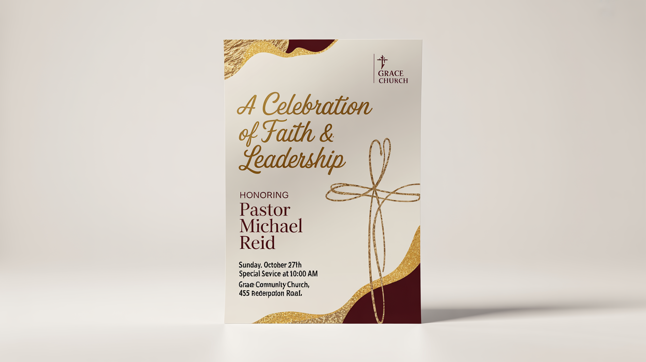 A mockup of an elegant pastor appreciation flyer on a white background, featuring gold and maroon text on a cream base to honor 'Pastor Michael Reid'.