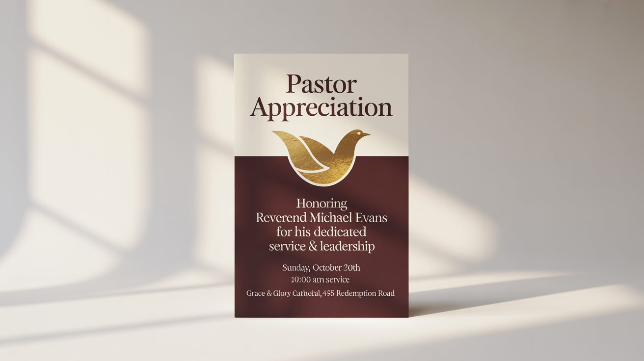 A mockup of an elegant pastor appreciation flyer with a burgundy and gold design, honoring a fictional Reverend Michael Evans. The flyer is displayed on a white background.