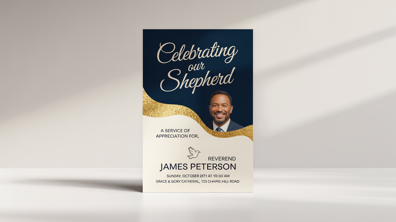 A mockup of an elegant pastor appreciation flyer on a white background. The flyer is navy blue and cream with gold text, featuring a photo of a pastor and details for the appreciation service.