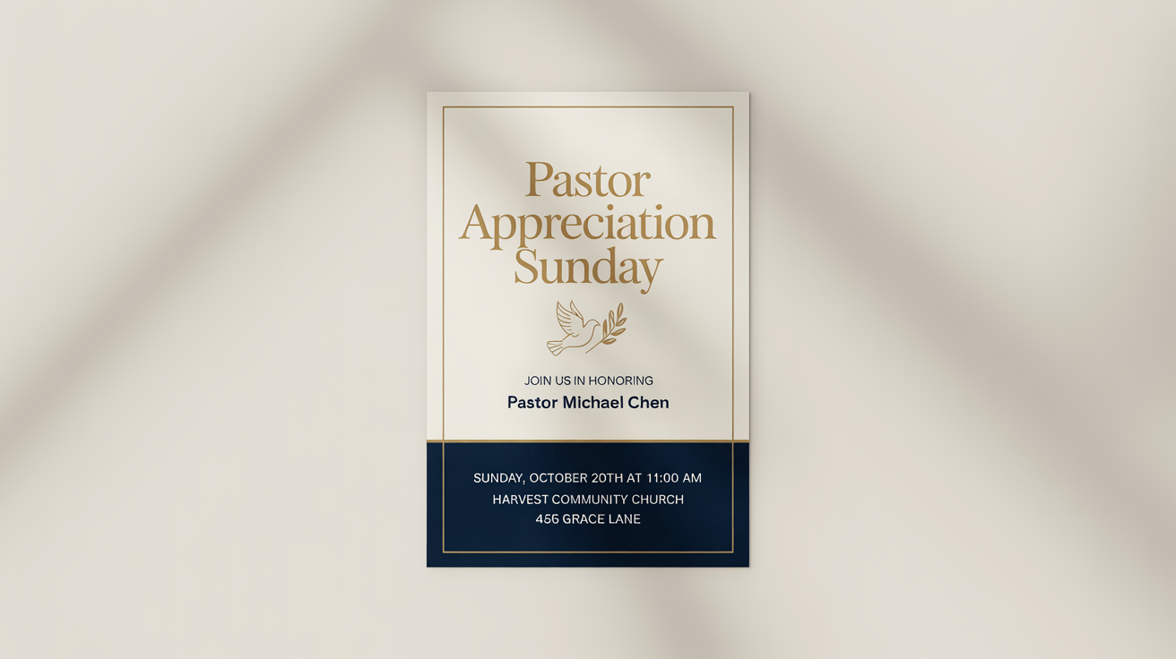 A mockup of a pastor appreciation flyer against a white background. The flyer is for an event honoring Pastor Michael Chen at Harvest Community Church on Sunday, October 20th.