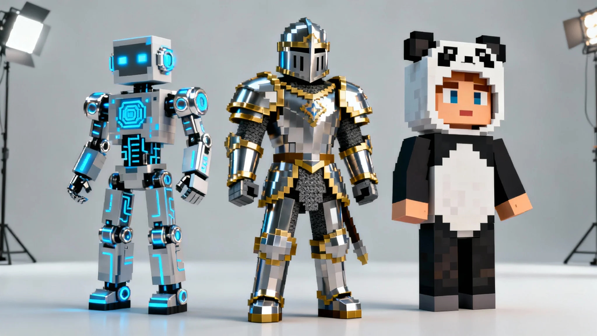 Three custom Minecraft characters displayed in a row. The left is a cyborg, the middle is a knight in armor, and the right is a character in a panda costume, showcasing different skin design possibilities.