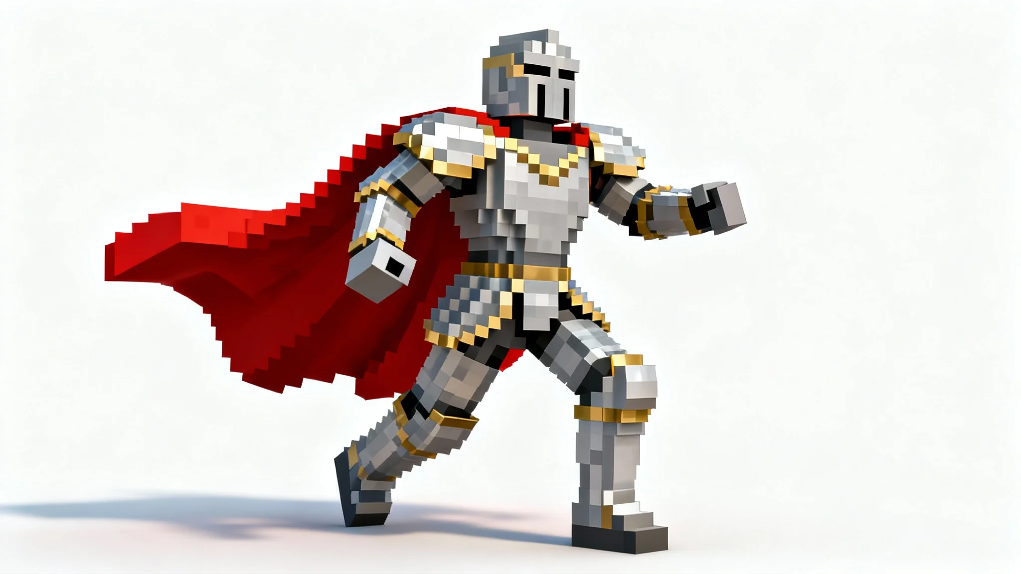 A 3D render of a custom Minecraft skin depicting a fantasy knight in silver and gold armor with a red cape, posed dynamically on a plain white background.
