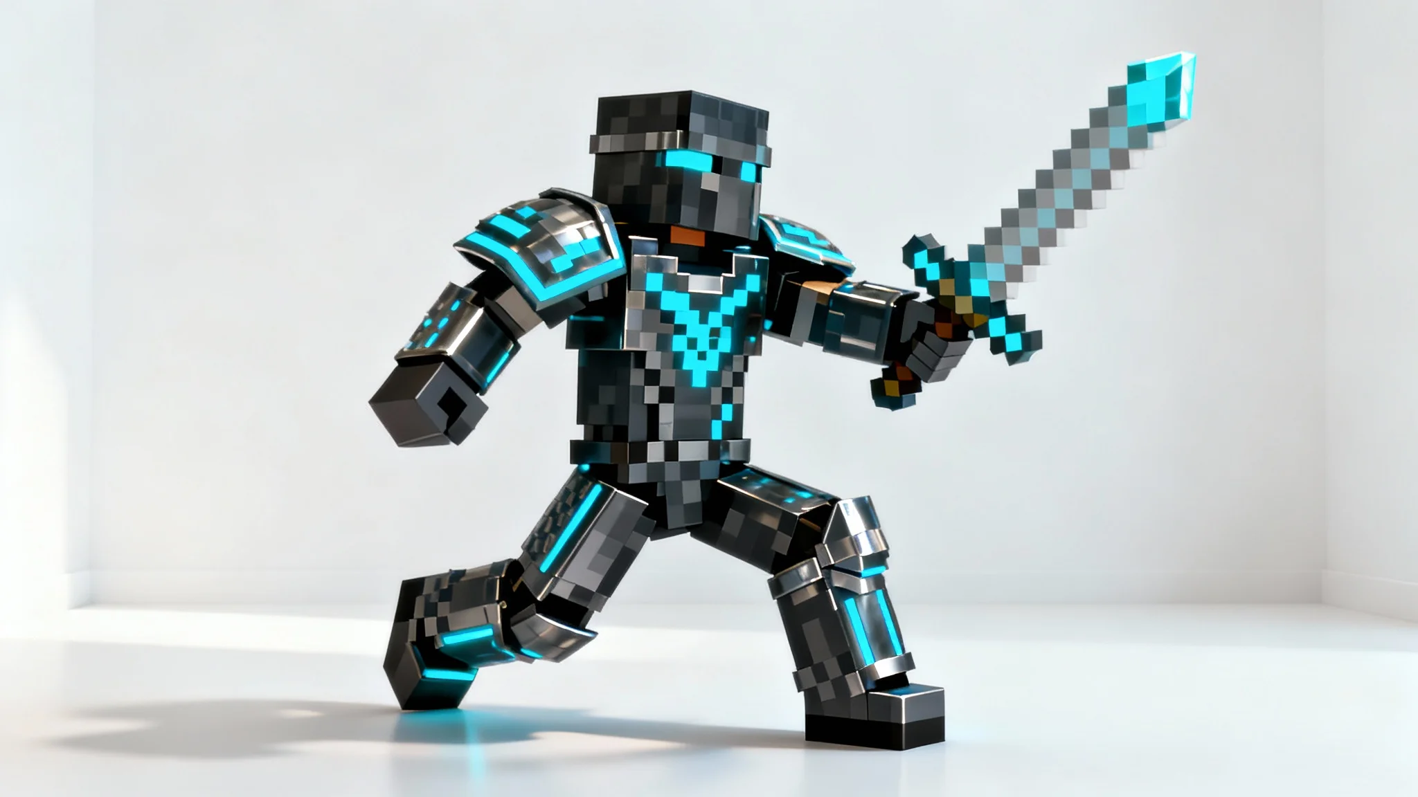 A custom Minecraft skin of a heroic knight in detailed blocky armor with glowing blue accents, posing dynamically with a sword against a plain white background.
