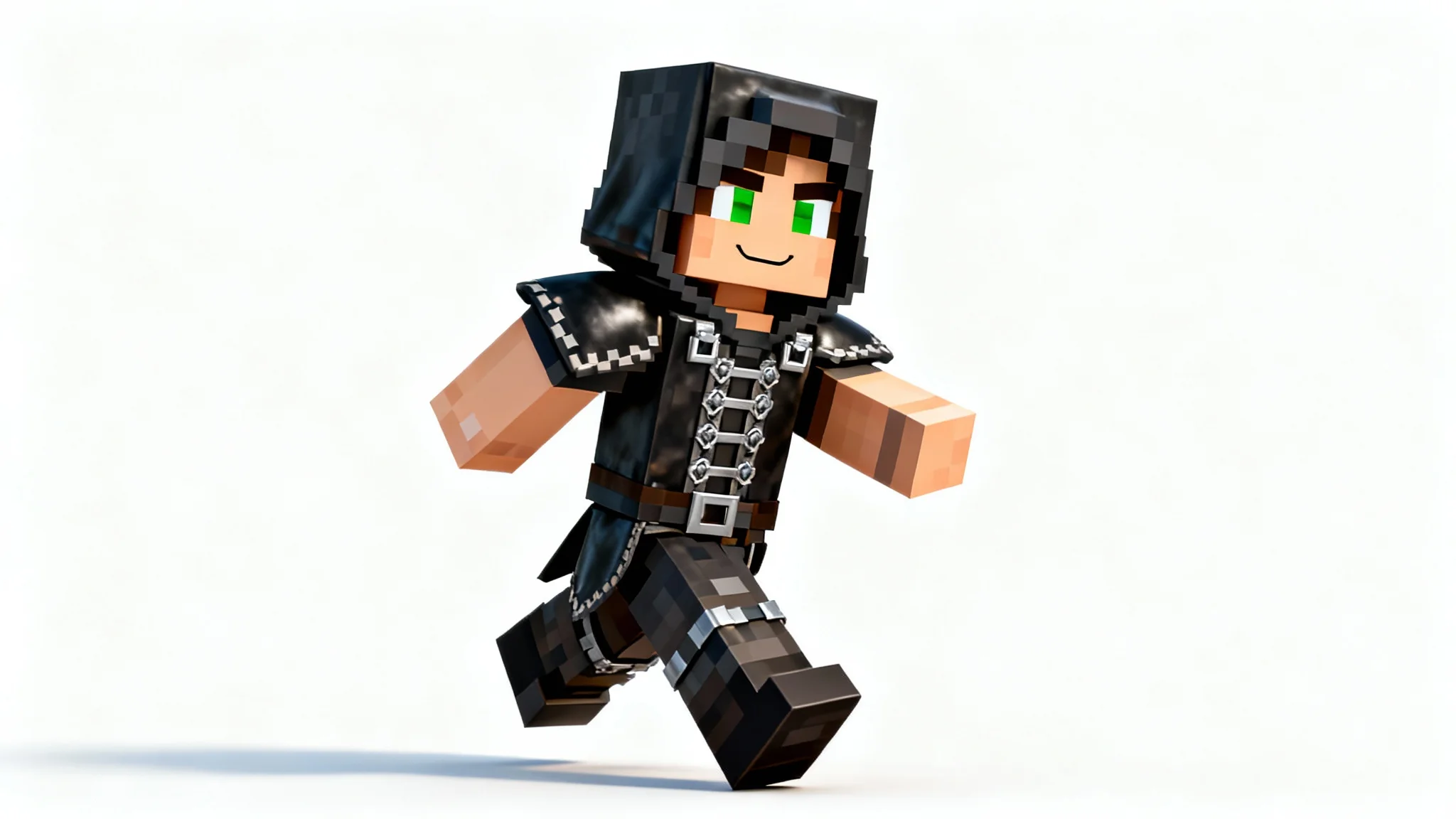 A custom Minecraft skin of an adventurer rogue character with a hood and leather tunic, shown in a dynamic pose against a plain white background in a 3D blocky, pixelated art style.