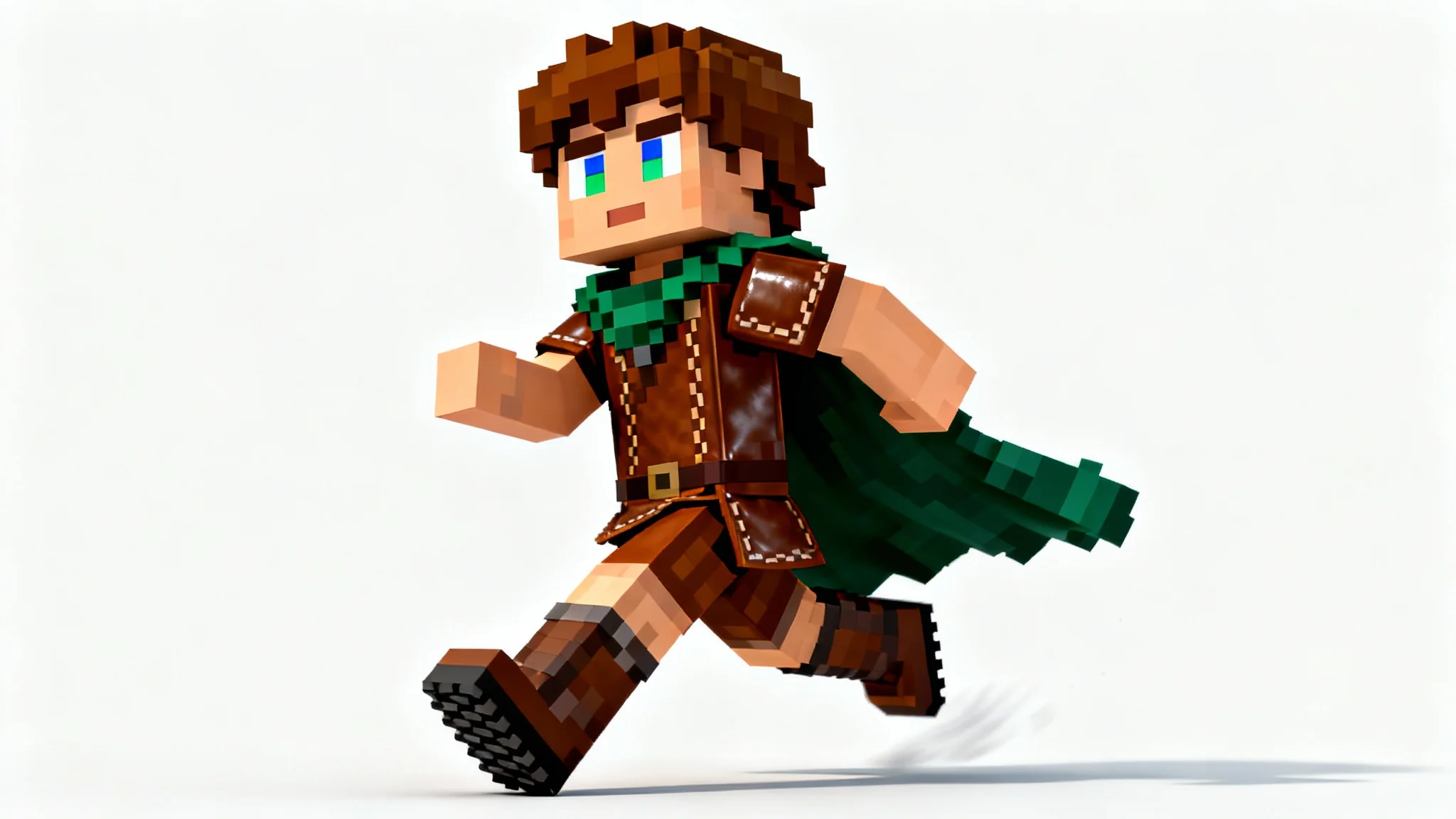 A 3D rendering of a custom Minecraft character skin featuring an adventurer in a leather tunic and green cloak, presented in a blocky, pixelated style against a clean white background.