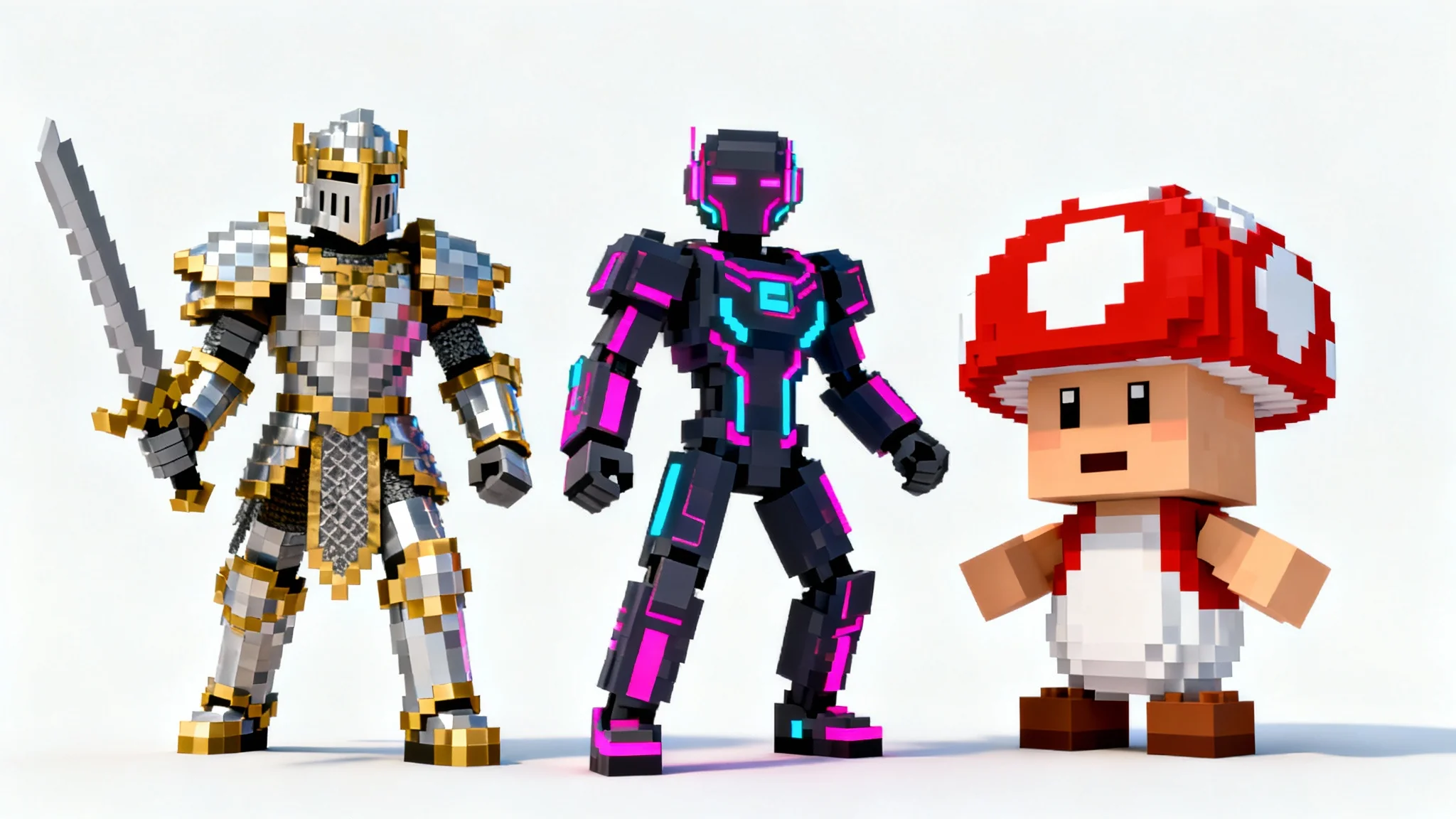 A vibrant 3D render of three custom Minecraft character skins, a knight, a cyberpunk figure, and a mushroom person, standing together on a plain white background.
