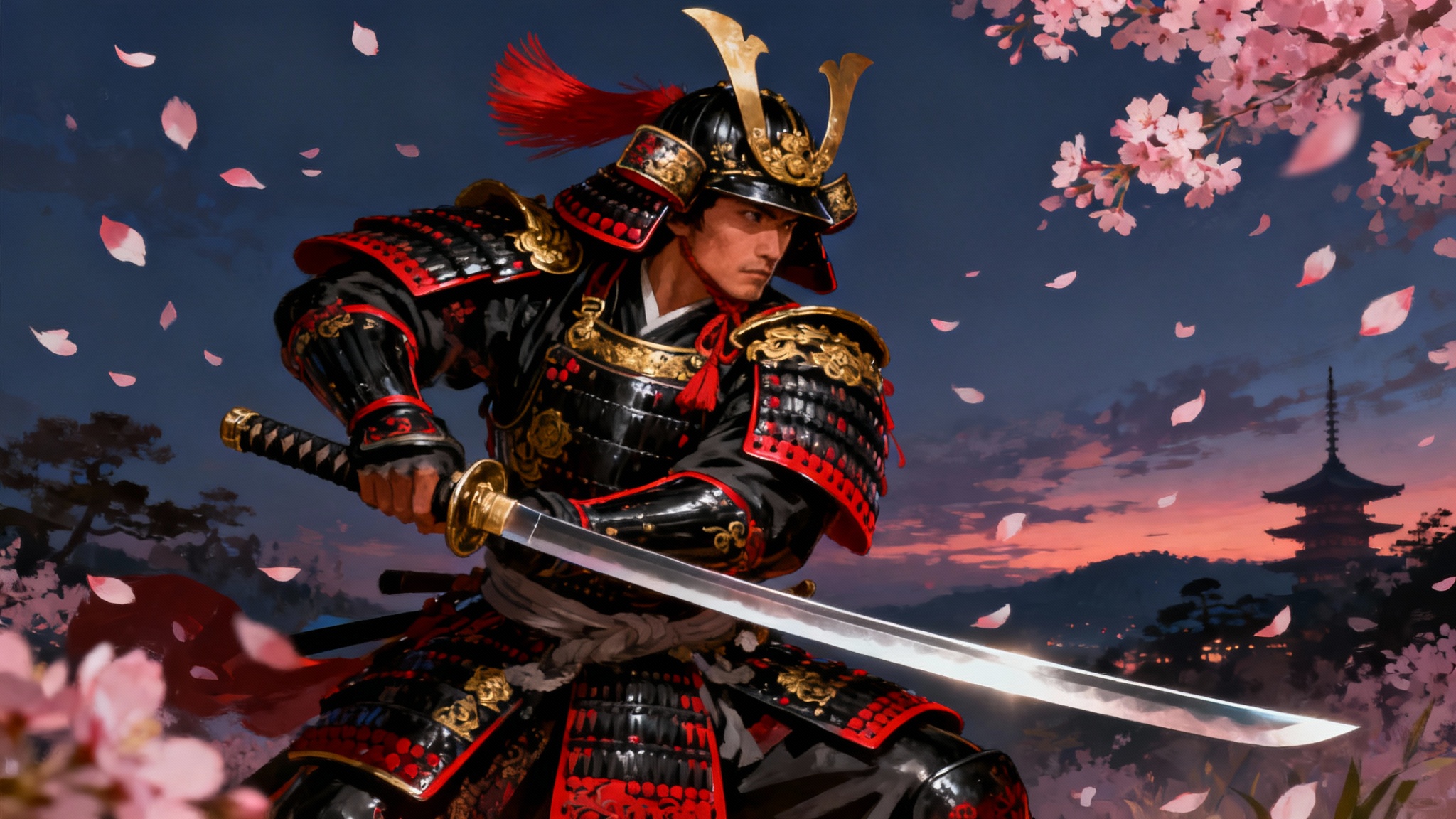 A full-color, highly detailed digital painting of a samurai warrior in ornate red and black armor, standing with a drawn katana amidst falling cherry blossoms at dusk.