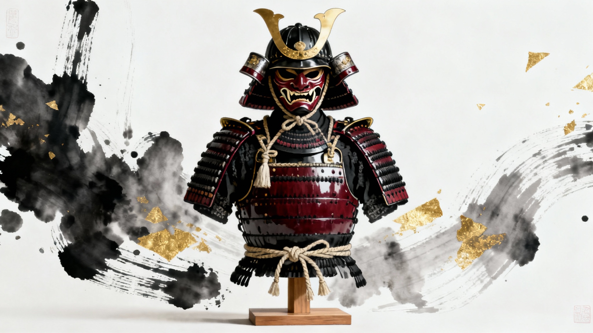 A detailed ink and wash drawing of a complete suit of Japanese samurai armor in red and black, displayed on a stand against a plain white background, highlighting its intricate design.
