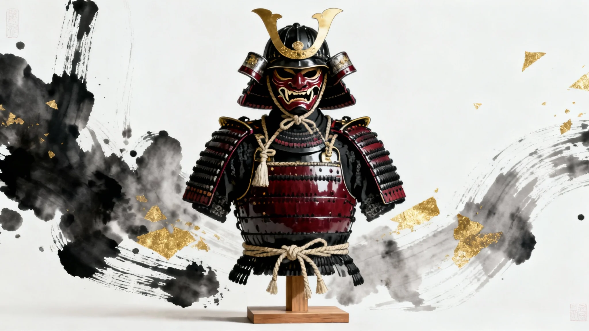 A detailed ink and wash drawing of a complete suit of Japanese samurai armor in red and black, displayed on a stand against a plain white background, highlighting its intricate design.