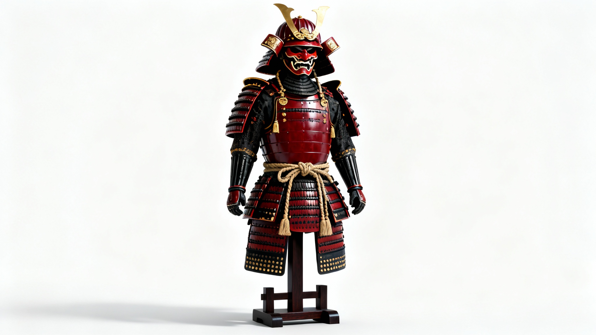 A detailed drawing of a full suit of red and black samurai armor, complete with a helmet and face mask, displayed on a stand against a plain white background.