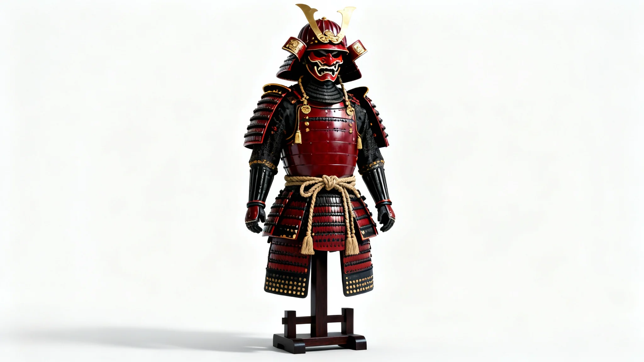 A detailed drawing of a full suit of red and black samurai armor, complete with a helmet and face mask, displayed on a stand against a plain white background.